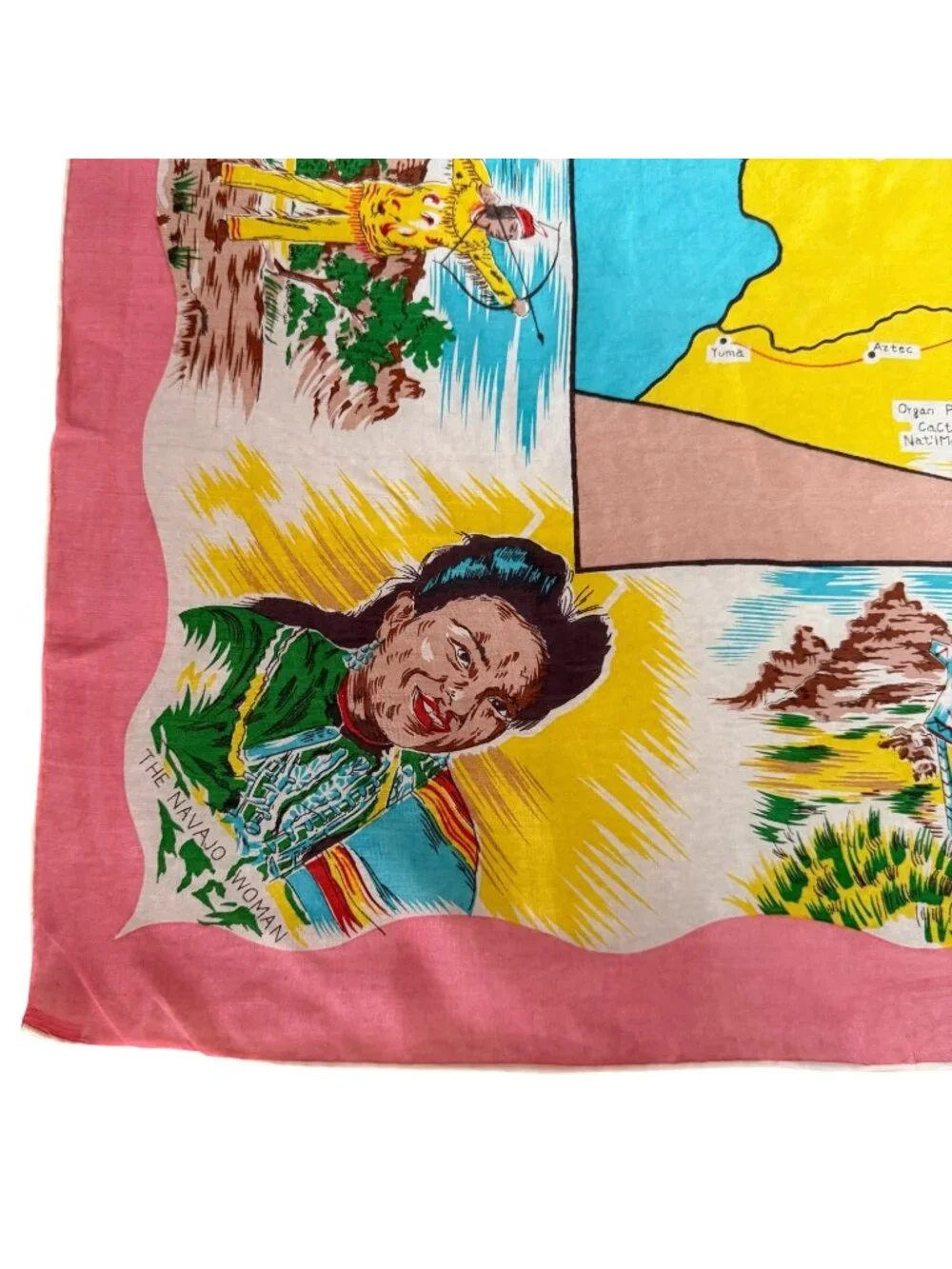 Vintage Arizona Souvenir Map Scarf Silk Blend Pink Border Hand Rolled Hem Japan